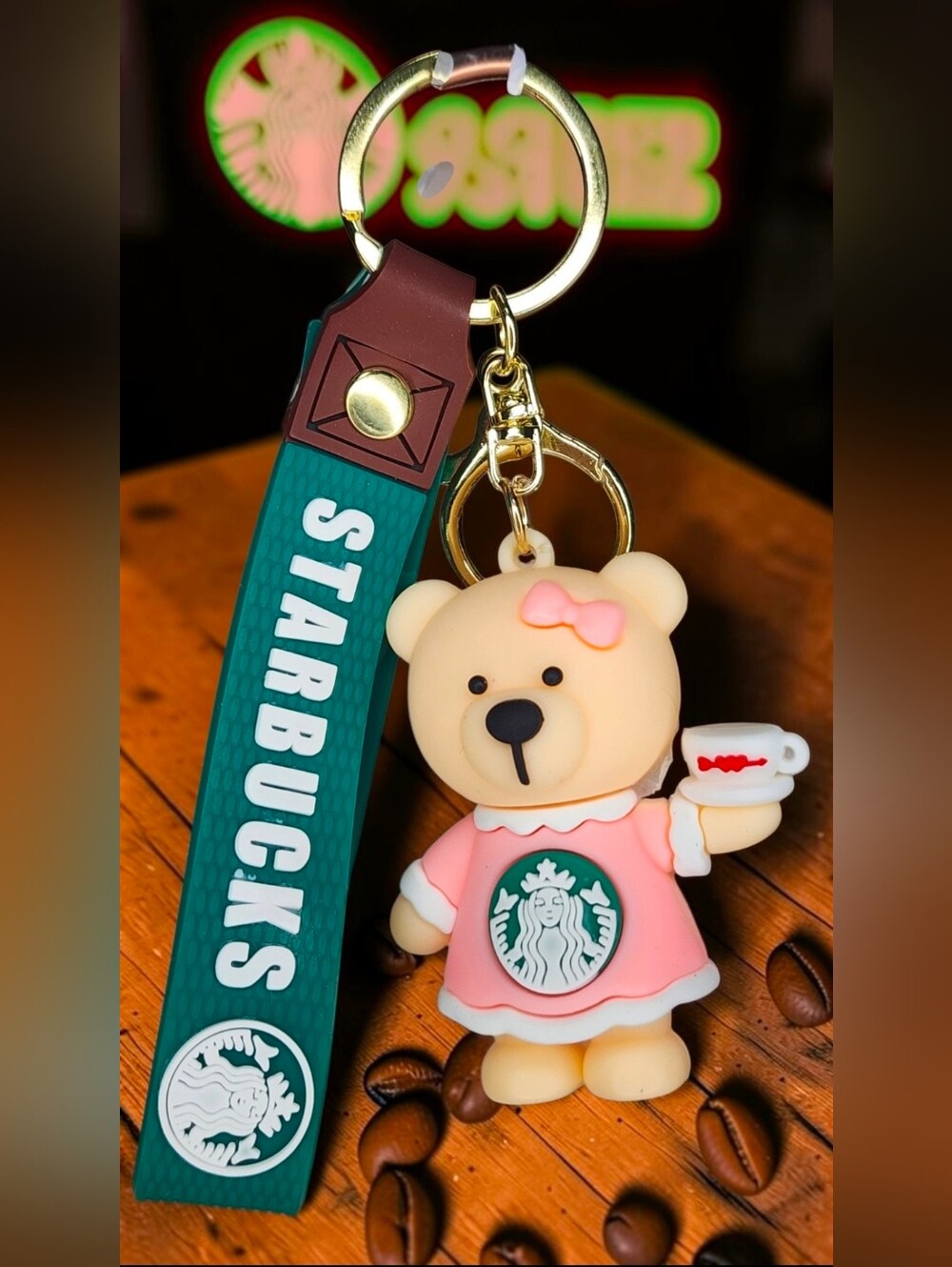 Starbucks Pink Bear Keychain With Green Strap NWT